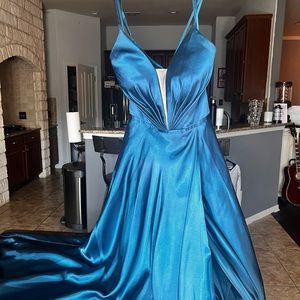 Betsy Adam Long Dress Teal Blue Halter Top spaghetti strap.